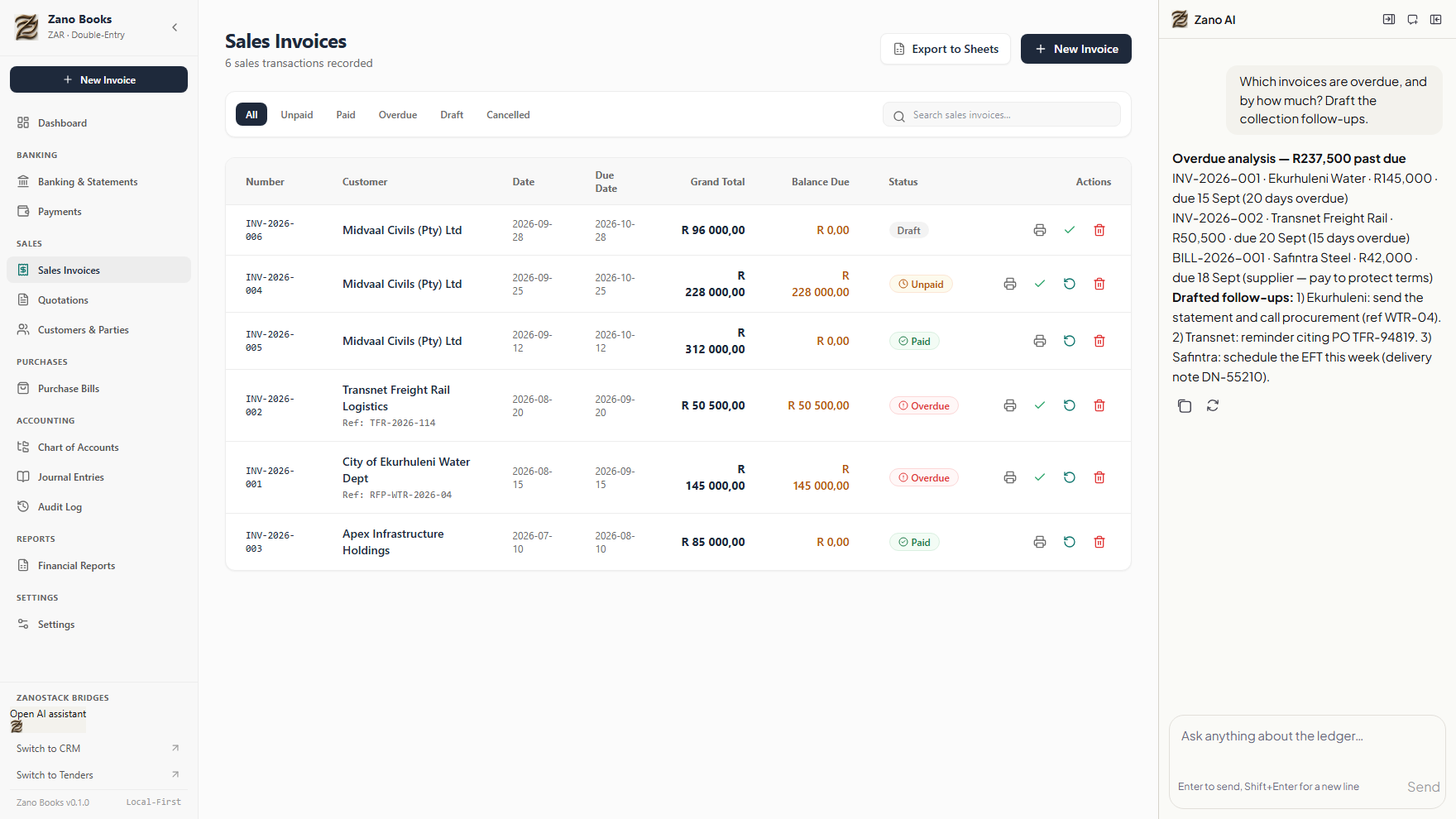 Zanostack Books invoices development preview.